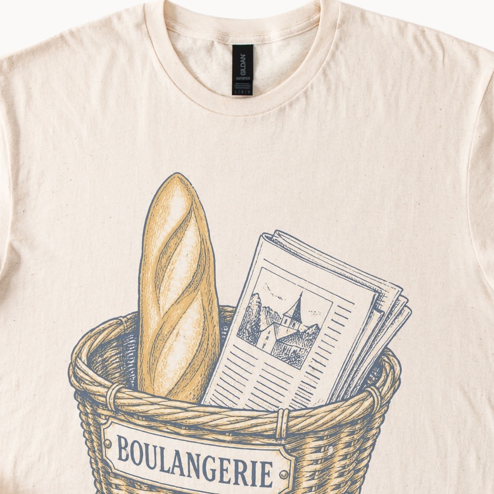 Boulangerie Basket Holding a Baguette and Morning Paper Tee